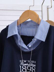 SHEIN 少女休闲韩版卫衣，棕色格子前片搭配灰色纯色针织面料，黑色英文印花，罗纹领口/袖口/下摆，长袖套头衫，适合春、秋、冬三季上学、外出和聚会穿着。 - 藏蓝色 - 查看 4