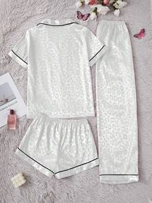 SHEIN Bộ 3 đồ ngủ lụa giả cổ họa tiết da báo thanh lịch dành cho nữ, quần short tay ngắn và quần dài - trắng - Xem 2