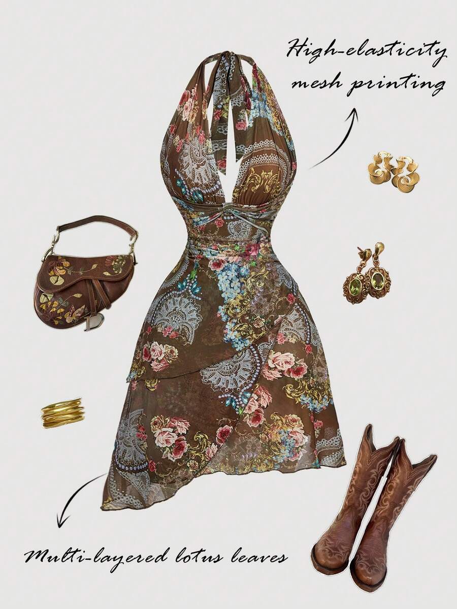 SHEIN MOD Vestido com Padrão Estilo Vintage de Tribunal Verde com Gravata Borboleta, Ajuste Slim Assimétrico - Vestido de Fada, Vestido Formal, Vestido de Verão, Fantasia de Carnaval, Vintage Anos 70, Y2K, Encontro, Festa, Tribunal, Festivo, Aniversário, Baile de Formatura, Boho, Grunge Punk - Multicolorido - Visão 1