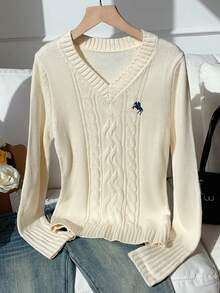 SHEIN EZwear 女式 V 领长袖修身休闲毛衣，日常穿着，秋冬季上学上衣