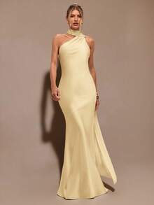 SHEIN BAE 杏色性感极简缎面不对称单肩镂空露背系带连衣裙，适合派对、鸡尾酒会、正式场合、伴娘、生日、秋冬季等场合。 - 黃色 - 查看 3