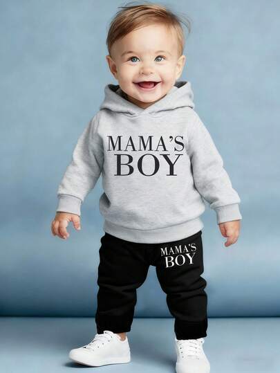 Fall Sets Toddler Boys Casual Fashion Creative Personalized Fresh Simple Letter Slogan Graphic Print Hoodie And Sweatpants Set, Warm And Comfortable Outfit Suitable For Autumn/Winter Baby Boy Oversized Fits Mamas Boy Clothes Baby Boy Outfit Boy Mom Clothes Mamas Boy Outfit