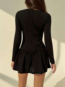 Aloruh Black Romantic Bowknot Ruffle Hem Long Sleeve Dress For Women - Black - View 8