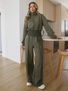 EURMUSE 女士舒适两件套家居服，配有双面拉链 - 軍綠色 - 查看 3