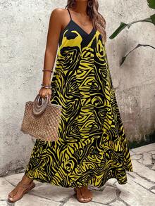 Breezaya Plus Size Women's Vintage Bohemian Style Yellow & Black Abstract Print V-Neck Maxi Dress, Loose Fit Beach & Casual Wear Summer New Arrival Casual Maxi Dress Maxi Dress Women Yellow Sundress Women Yellow Maxi Dress Maxi Vacation Dress - Multicolor - View 7