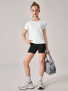 SHEIN Tween Girls' Casual Solid Color Hollow Back T-Shirt, Summer - White - View 6