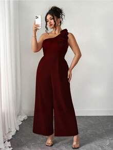 Elenzga 大码夏季时尚法式复古浪漫不对称肩部3D花卉连体裤 - 酒紅色 - 查看 4