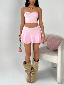 SHEIN TRNDY Women's Valentine's Day Pink Lace Bandeau Top And Ruffle Hem Mini Skirt 2 Pieces Set