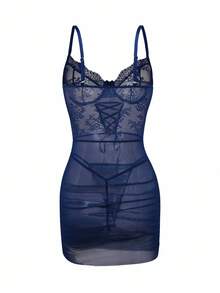 SHEIN Sexig, rynkad spets med kontrasterande spets för kvinnor, bygel, sömnadsklänning med knytband och trosor, 2 st/set, för utekvällar - Marinblå - Visa 6