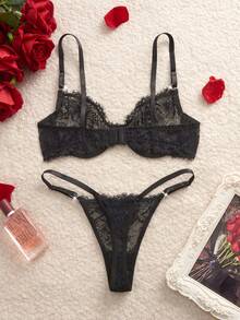 Charlaine Ögonfrans Spets Bygel BH & Trosor Sexiga Underkläder Set - Svart - Visa 2