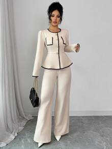 Elenzga 秋冬新款长袖粗花呢圆领收腰A字优雅通勤百搭衬衫裤两件套 - 杏色 - 查看 5