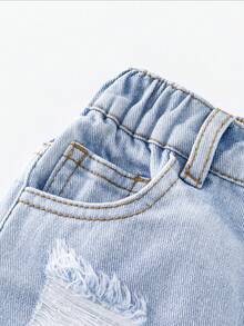 SHEIN 男童浅蓝色做旧毛边时尚休闲牛仔短裤，夏季