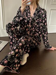Napfluff Floral Print Lapel Long Sleeve Pajama Set - Matte Black - View 1
