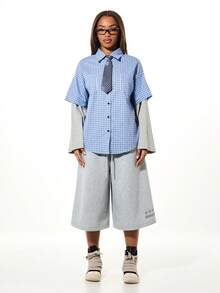 SUMWON WOMEN Blusa de botones con cuello, de manga corta, de doble capa y sobredimensionada, con estampado de cuadros, para uso casual en primavera y verano - Azul - Ver 3