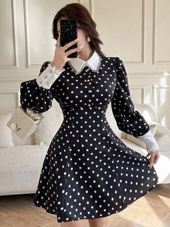 Feyla Women's Elegant Polka Dot Print Long Sleeve Mini Dress