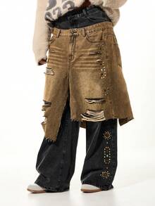SUMWON WOMEN Double Layer Distressed Studded Wide Leg Denim Jeans With Rhinestone Embellishments And Raw Hem Details Fall Winter Layering - Multicolor - View 1