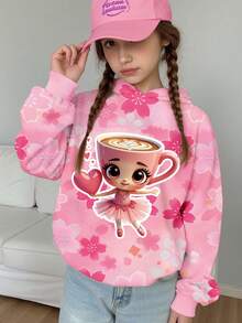 女童休闲时尚创意卡通杯和芭蕾女孩爱心图案印花连帽卫衣，百搭秋冬 - 彩色 - 查看 3