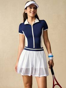 VARSIVA Đầm thể thao tay ngắn xếp ly cổ khóa kéo phối màu cho nữ kèm quần short - Nhiều màu - Xem 2