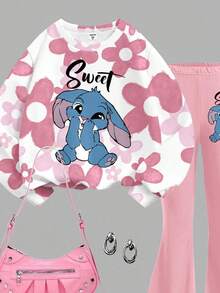 两件套少女休闲宽松蓝色兔子渐变花卉印花圆领长袖卫衣和喇叭裤套装，适合秋冬季节、户外野餐、郊游、街头风、居家、校园穿着。 - 彩色 - 查看 7