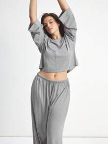 Ocili 女士加大码两件套舒适柔软竹纤维针织圆领长袖上衣和裤子睡衣套装，夏季、秋季、冬季服装 - 灰色 - 查看 2