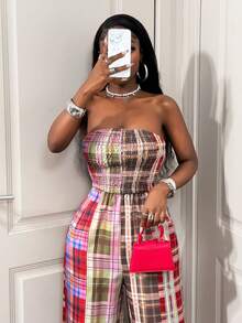 SHEIN BamGlam Quần ống rộng không tay, lưng thun, quần liền thân in họa tiết caro nhiều màu, quần ống rộng, và quần âu, thời trang và gợi cảm - Nhiều màu - Xem 7