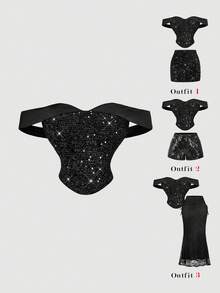 SHEIN MOD 女士露肩优雅上衣，饰有水钻 - 黑色 - 查看 1