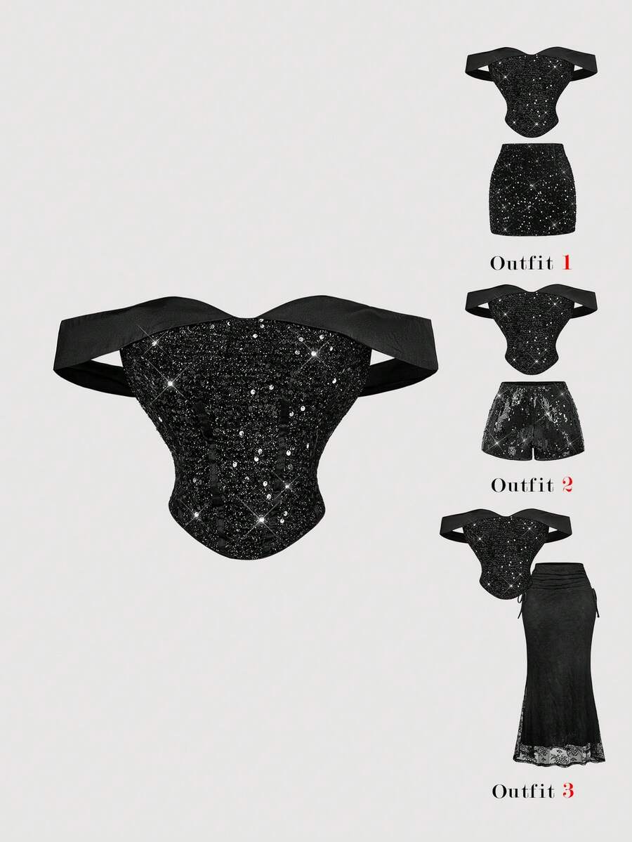 SHEIN MOD 女士露肩优雅上衣，饰有水钻 - 黑色 - 查看 1