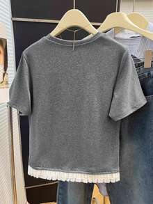 Resyla Áo thun cổ tròn tay ngắn thêu chữ và quả anh đào cỡ lớn dành cho nữ - Màu Xám nhạt - Xem 2