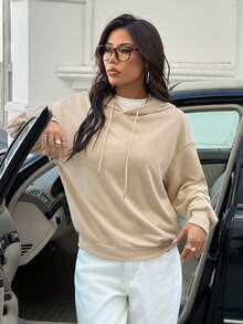 SHEIN EZwear Casual Minimalist "Enjoy" Graphic Print Loose Fit Hoodie Sweatshirt For Women - Khaki - View 2