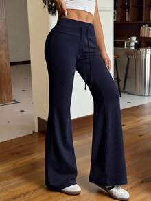 SHEIN EZwear Drawstring Waist Flare Leg Sweatpants - Navy Blue - View 4