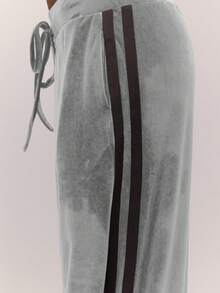 MUSERA Quần jogger ống rộng kẻ sọc bên hông, chất liệu nhung dày, cạp chun buộc dây, kiểu dáng cổ điển, dễ thương, phong cách đồng quê, nhà tranh, quần mặc nhà thoải mái cho nữ, màu caramel, mùa hè. - Xám - Xem 5