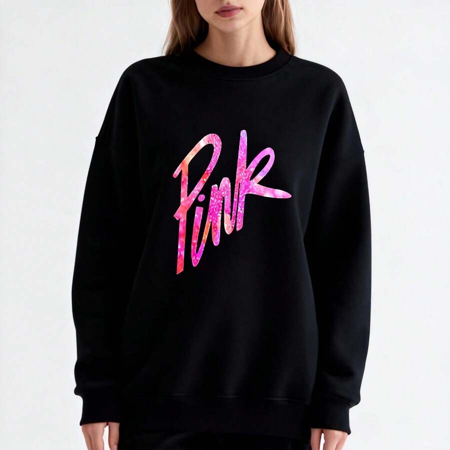 Sudadera mujer dama cuello redondo Y2K con Logo de moda trendy degradado Casual de Invierno para Entrenamientos, Fiestas y Uso Diario - Negro - Ver 1