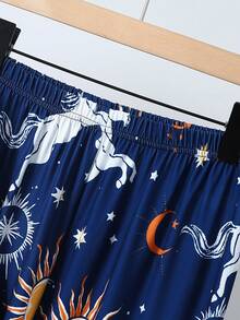 2件套青少年男童柔软舒适休闲月亮星星印花针织短袖短裤睡衣套装，家居服 - 藏蓝色 - 查看 4