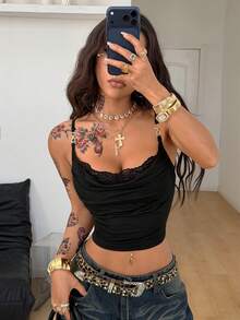 Coolane 女士夏季/四季皆宜锐舞节嬉皮街头休闲Y2K辣妹蕾丝高领黑色优雅吊带背心 - 黑色 - 查看 3