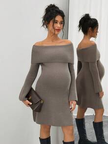 SHEIN Pregnant Women's Fashionable & Elegant Off-Shoulder Short Knit Sweater Dress - Coffee - View 3