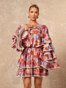 Lumalex 女式花卉印花荷叶边喇叭袖时尚度假连衣裙 - 彩色 - 查看 4