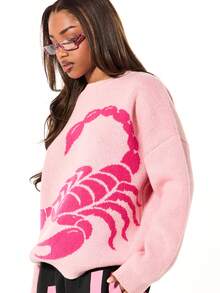 SUMWON WOMEN 超大款针织圆领毛衣，正面饰有大型花卉印花，长袖休闲秋冬套头衫 - 粉色 - 查看 4