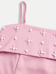 SHEIN Tween Girl Casual Everyday Sweet Pink Faux Pearl Embellished Dress, Suitable For Valentine's Day - Pink - View 3