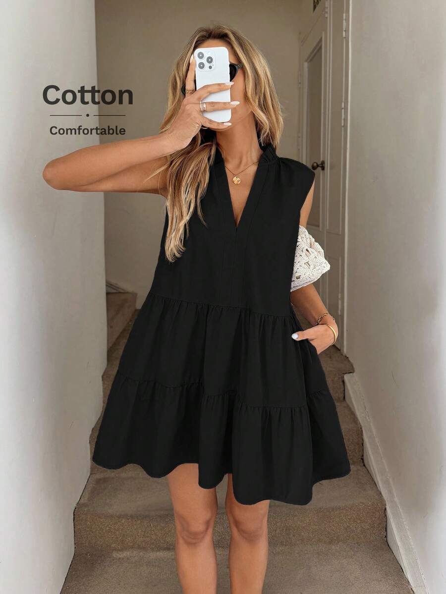 Easowa Sleeveless Stand Collar Pleated Hem A-Line Dress With Pockets, Casual Holiday Elegant Streetwear Mini Dress For Women,Dresses For Women Summer - Black - View 1