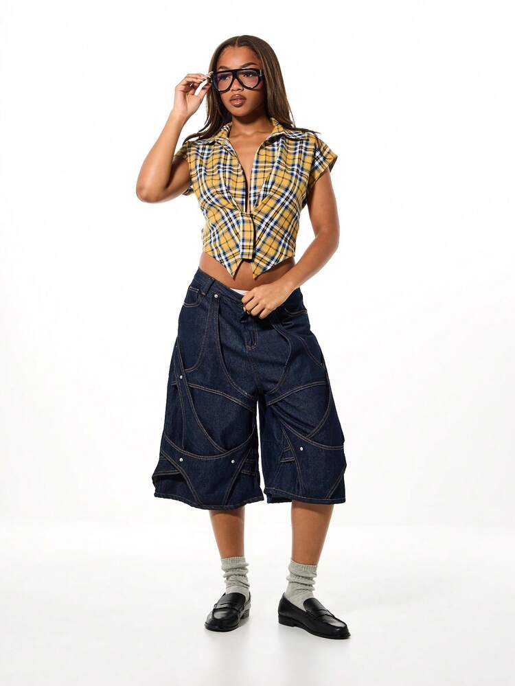 SUMWON WOMEN Plaid Cropped Blouse With Tie Detail