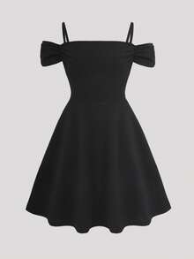 SHEIN 少女优雅露肩收腰A字丝绒连衣裙 - 黑色 - 查看 6