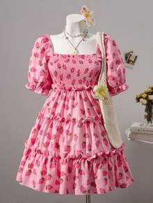 Breezaya Summer Fashion Versatile Premium Quality Waisted Women Strawberry Print Shift Dress Strawberry Dress Women Pink Strawberry Dress Cottagecore Dress Milkmaid Dress Women Strawberry Print Dress Vacation Outfits Woman - Multicolor - View 1