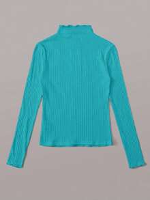 SHEIN EZwear Plus Size Women Solid Color Stand Collar Frill Rib Knit Casual Commuter Long Sleeve T-Shirt - Mint Blue - View 2