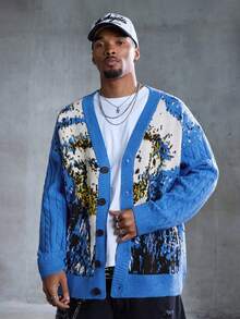 ROMWE MEN Street Life Men's Van Gogh Painting Style Single-Breasted Casual Knit Cardigan - Multicolor - View 5