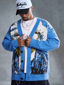 ROMWE MEN Street Life Men's Van Gogh Painting Style Single-Breasted Casual Knit Cardigan - Multicolor - View 6