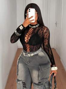 Maweii 大码女士性感镂空连体衣 - 黑色 - 查看 5