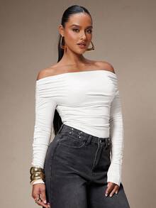 Silquee Women's Solid Color Off-Shoulder Ruched Fashionable Versatile Vacation Party Long Sleeve Bodysuit White Tops Women Off Shoulder Tee White Off Shoulder Top Off The Shoulder Top - White - View 4