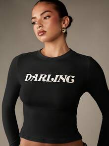 MISSGUIDED Long Sleeve Darling Slogan Baby Tee Fitted Crop Top Round Neck Letter Print Statement Shirt - Black - View 4
