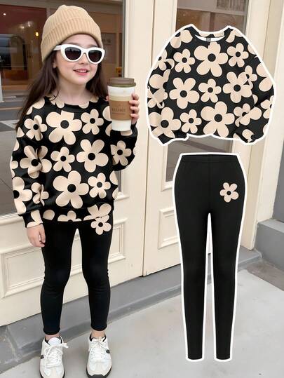 SHEIN Cozy Fall & Winter Styles Young Girl Casual Fashion Creative Personalized Fresh Minimalist Black Base Large Floral Pattern Print Sweatshirt And Leggings 2-Piece Outfit, Comfortable Outfit For Autumn/Winter Teenage Girl Clothes Sets Pants Shirt Girl Long Sleeves Outfits