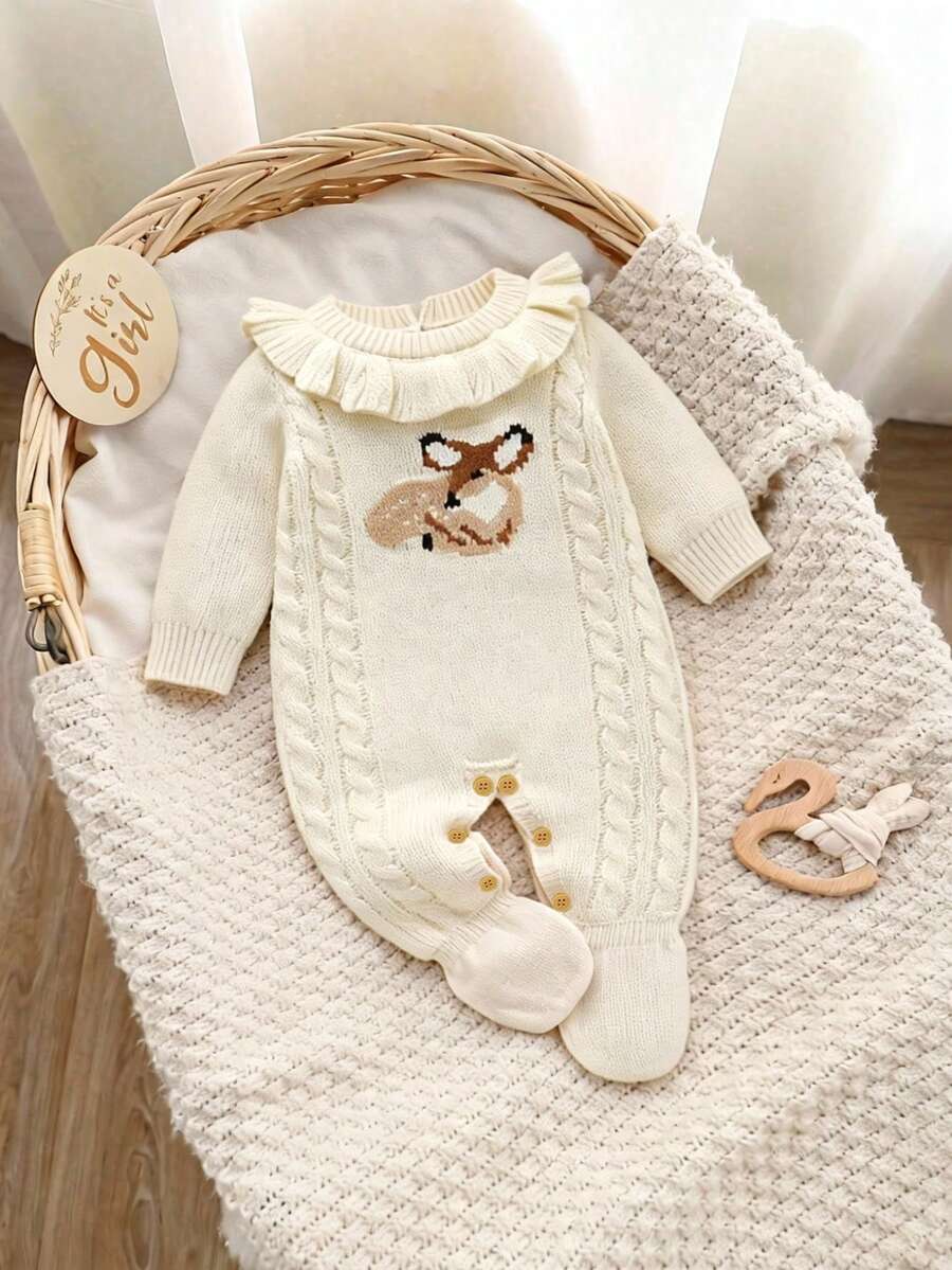 SHEIN 1 bộ quần áo liền thân dệt kim màu hồng cho trẻ sơ sinh, áo liền quần dài tay cổ ren, vải jacquard hình hươu dễ thương, ngọt ngào và thời trang - Màu be - Xem 1